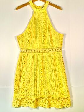 Charlotte Russe vibrant lemon yellow halter mini dress lace/crochet scallop hem